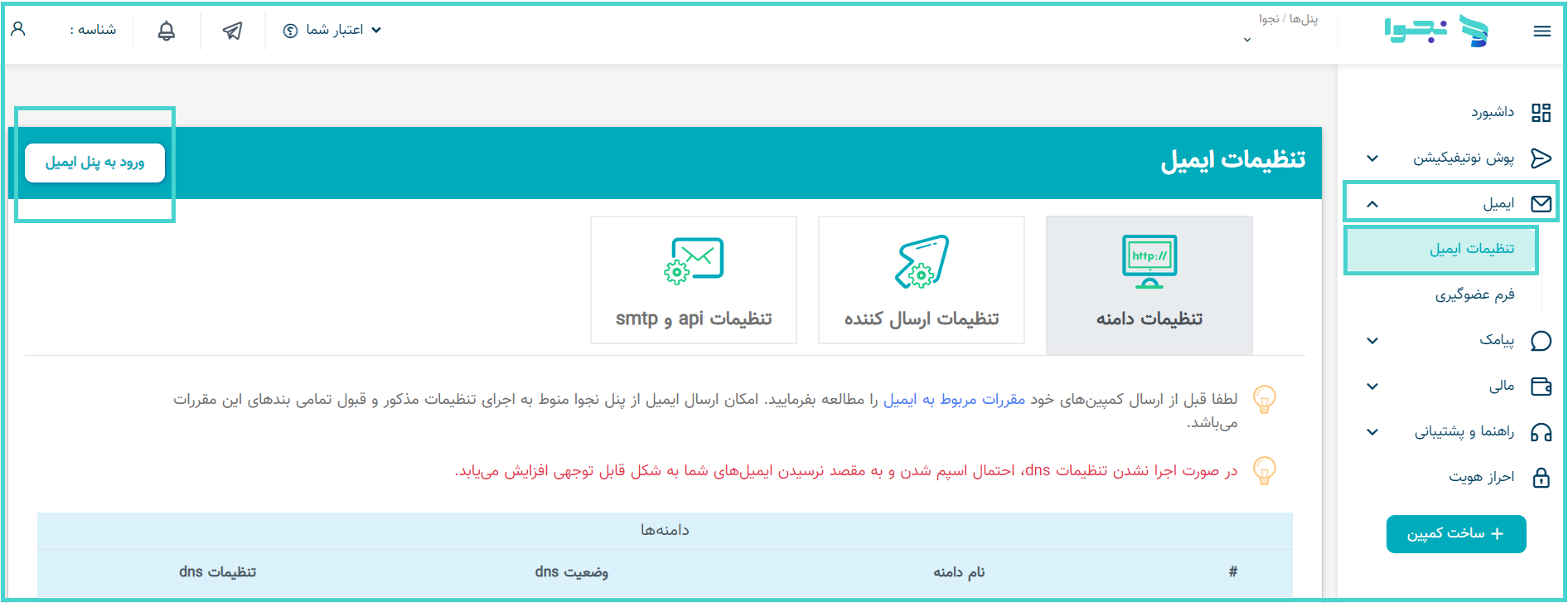 ورود به پنل انگلیسی ایمیل مارکتینگ نجوا