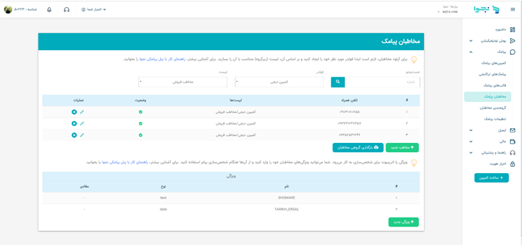  صفحه مخاطبان پیامک پنل نجوا